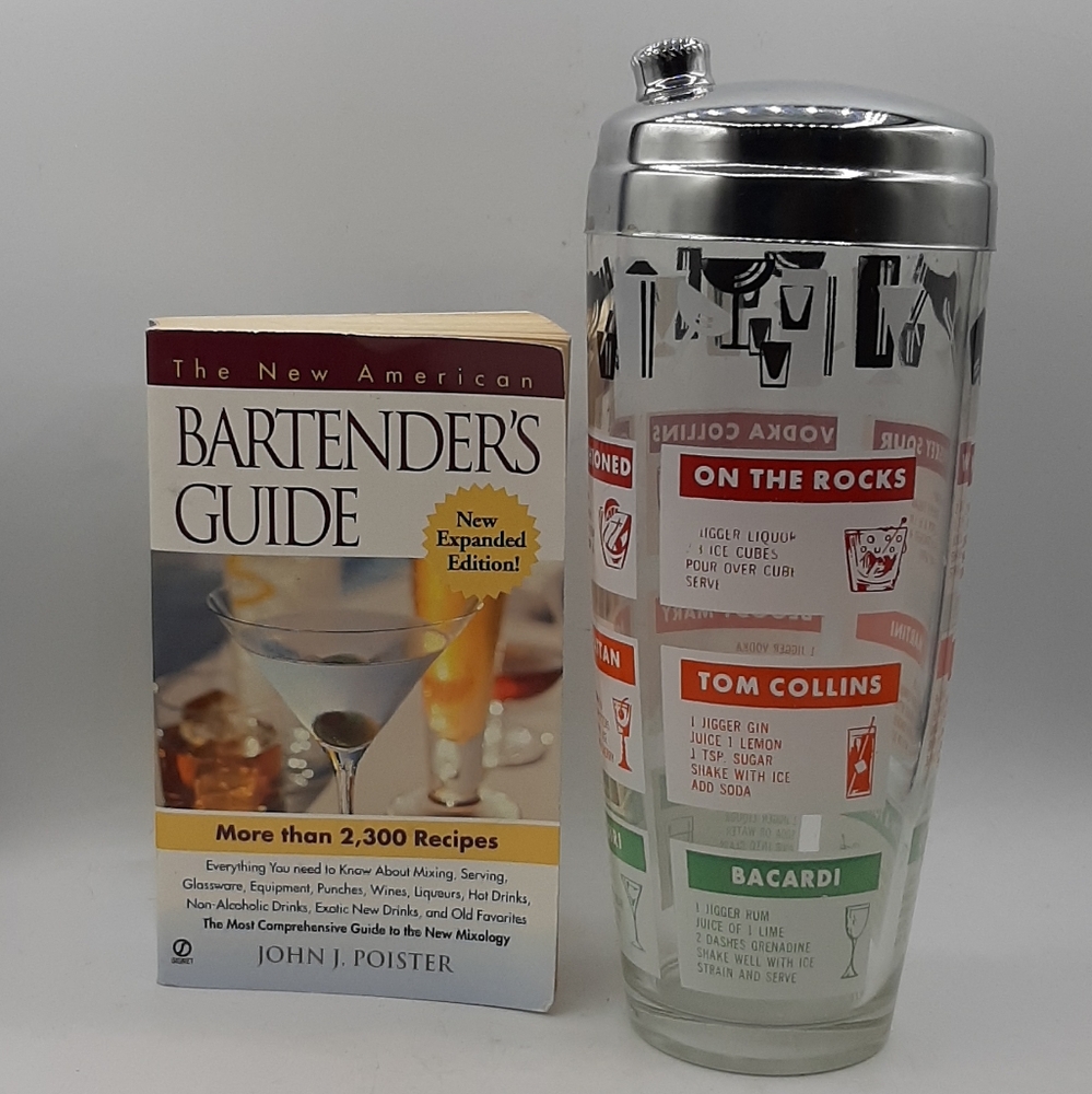 Vintage Glass Recipes COCKTAIL SHAKER 12 Drink MCM Barware Chrome Art Deco